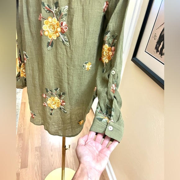 Anthro’s Fig and Flower Green Embroidered Long Sleeve Button Down Shirt,Size S - Picture 4 of 10